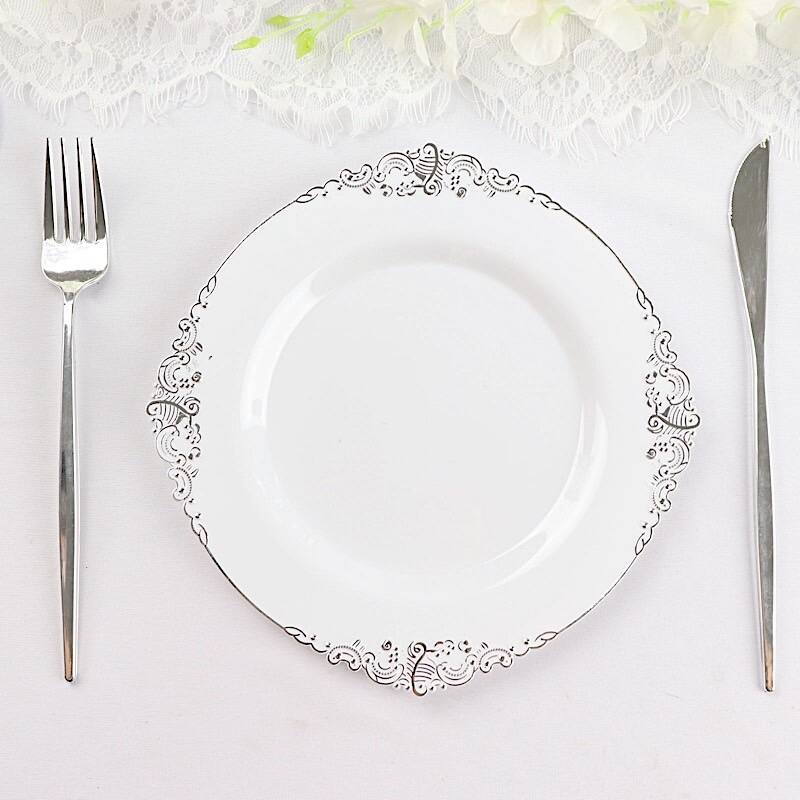 10 Round 8" Disposable Plastic Salad Plates with Baroque Trim Bed